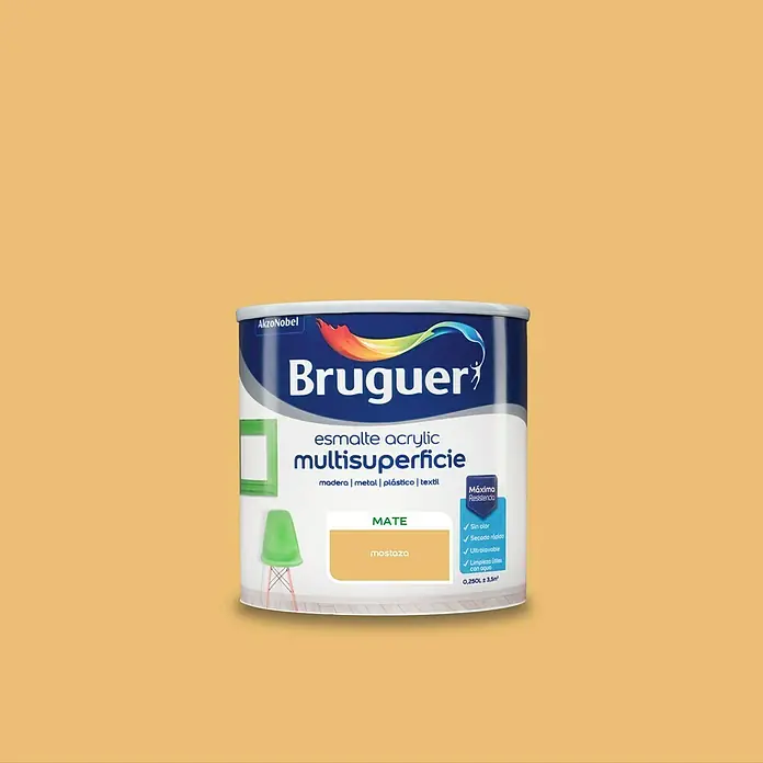 Bruguer Esmalte de color Acrylic Multisuperficie - Mostaza, Mate, 250 ml, Base de agua - Bote de pintura acrílica Bruguer Multisuperficie color mostaza, apta para madera, metal, plástico y textiles.