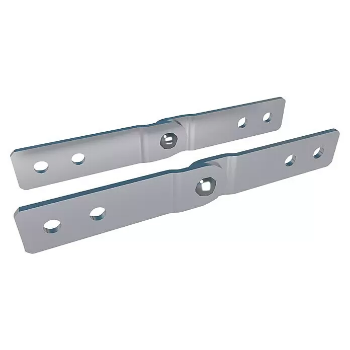 HS Terra Systec Gelenkverbinder 180° - 4 Stk., Passend für: HS Terra Systec Alu-Unterkonstruktion - Zwei silberne Flachscharniere aus Metall, jeweils mit Schraublöchern und einem sechseckigen Drehpunkt.
