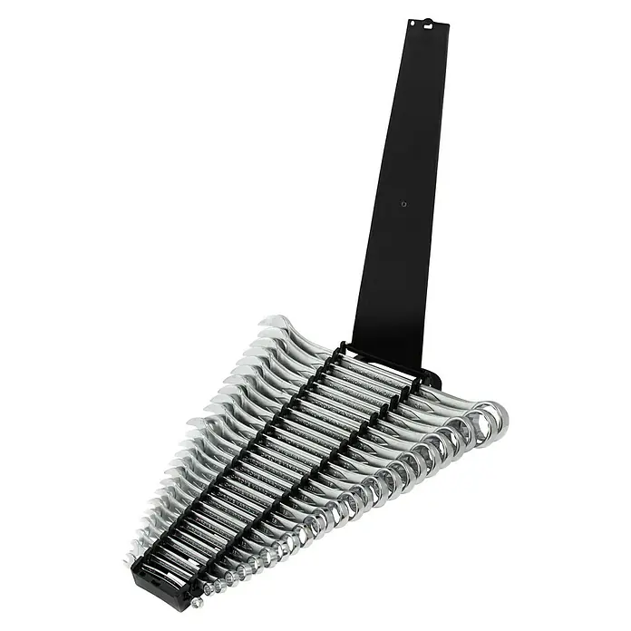 Alpha Tools Ringmaulschlüssel-Satz - Schlüsselweite: 6 mm - 32 mm - Das Bild zeigt einen Satz Chrom-Vanadium-Schlüssel in einer schwarzen Halterung. Ideal für jede Werkstatt, bietet dieser Satz Haltbarkeit und Organisation.