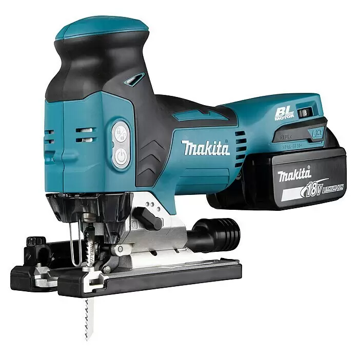 Makita LXT 18V Akku-Pendelhubstichsäge DJV181RTJ - 18 V, Li-Ionen, 2 Akkus, 800 /min - 3.500 /min - Makita Akku-Stichsäge in Türkis und Schwarz mit sichtbarem Sägeblatt und 18V Akkupack.