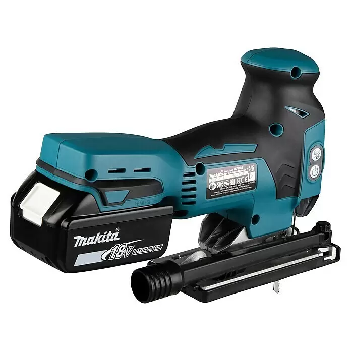 Makita LXT 18V Akku-Pendelhubstichsäge DJV181RTJ - 18 V, Li-Ionen, 2 Akkus, 800 /min - 3.500 /min - Schwarze und türkise Makita 18V Akku-Stichsäge mit Batterie.