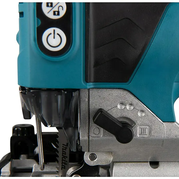 Makita LXT 18V Akku-Pendelhubstichsäge DJV181RTJ - 18 V, Li-Ionen, 2 Akkus, 800 /min - 3.500 /min - Detailaufnahme einer Makita Stichsäge mit Fokus auf Bedienelemente und Sägeblatt.