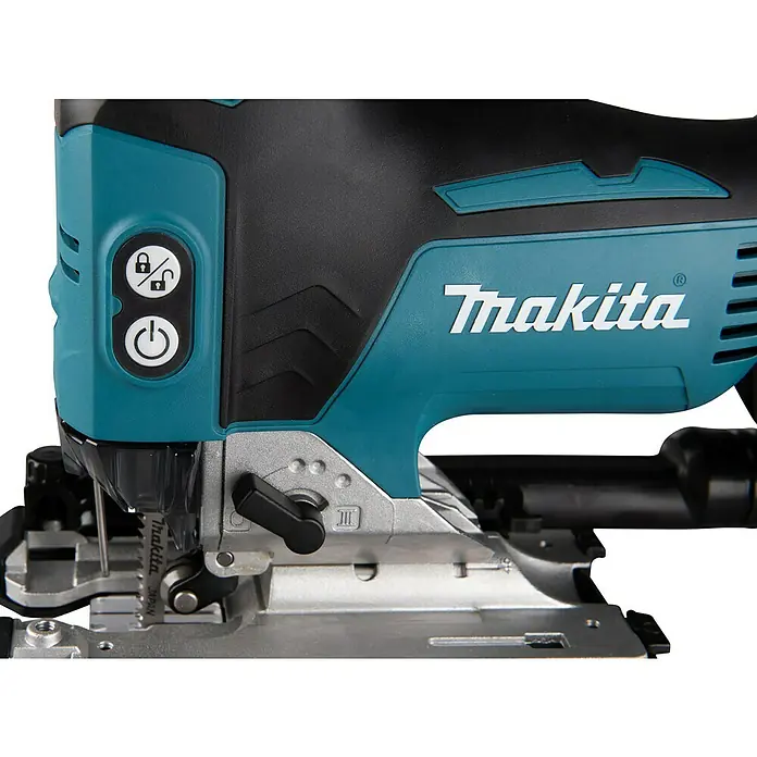 Makita LXT 18V Akku-Pendelhubstichsäge DJV181RTJ - 18 V, Li-Ionen, 2 Akkus, 800 /min - 3.500 /min - Detailaufnahme einer Makita Stichsäge mit Akku, inklusive Bedienelementen und Markendetails.