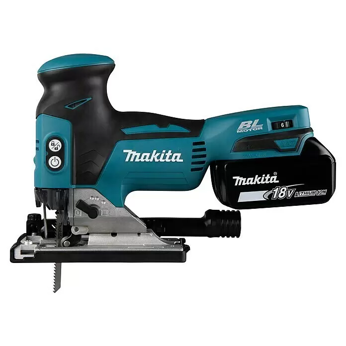 Makita LXT 18V Akku-Pendelhubstichsäge DJV181RTJ - 18 V, Li-Ionen, 2 Akkus, 800 /min - 3.500 /min - Türkis-schwarze Makita Akku-Stichsäge mit 18V Lithium-Ionen-Akku und sichtbarem Sägeblatt.