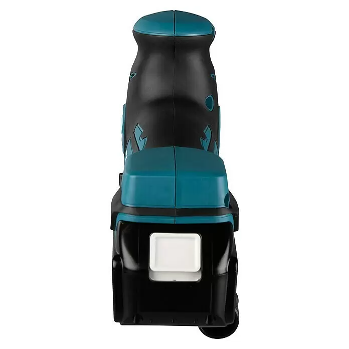 Makita LXT 18V Akku-Pendelhubstichsäge DJV181RTJ - 18 V, Li-Ionen, 2 Akkus, 800 /min - 3.500 /min - Rückansicht eines schwarz-türkisen Akku-Elektrowerkzeugs mit angeschlossenem Akku.