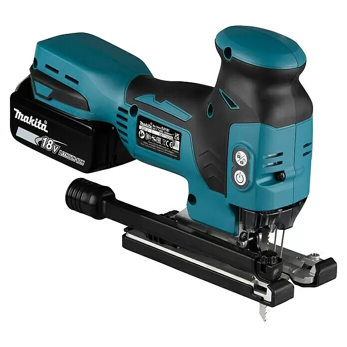Makita LXT 18V Akku-Pendelhubstichsäge DJV181RTJ - 18 V, Li-Ionen, 2 Akkus, 800 /min - 3.500 /min - Makita 18V Akku-Stichsäge in Türkis und Schwarz, mit Akku und Sägeblatt.
