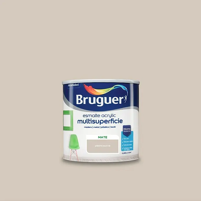 Bruguer Esmalte de color Acrylic Multisuperficie - Piedra Suave, Mate, 250 ml, Base de agua - Bote de esmalte acrílico multi superficie de Bruguer en color "piedra suave", con alta cobertura y secado rápido para diversas superficies.