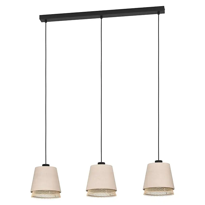 Eglo Tabley Lámpara colgante - 40 W, L x An x Al: 89 x 19 x 110 cm, E27 - Elegante lámpara colgante con tres pantallas beige con detalles de ratán, ideal para interiores con estilo. La luminaria proporciona una luz cálida y acogedora.