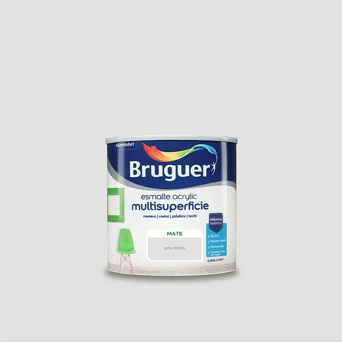 Bruguer Esmalte de color Acrylic Multisuperficie - Gris niebla, Mate, 250 ml, Base de agua - Bote de pintura acrílica Multisuperficie Bruguer en gris mate, apta para madera, metal, plástico y textiles. Secado rápido y resistente a los rayos UV.