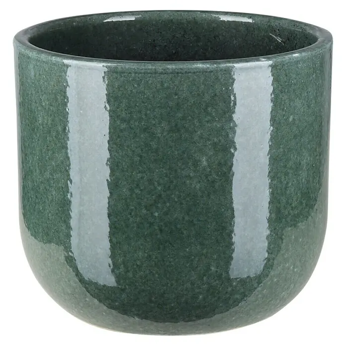 A.H.G. Übertopf rund Portland - Außenmaß (Ø x H): 18 x 16 cm, Grün, Keramik, Glänzend - Nahaufnahme eines glänzenden, dunkelgrünen Übertopfs. Ideal für Zimmerpflanzen, mit einer glatten Oberfläche und einer abgerundeten Form.