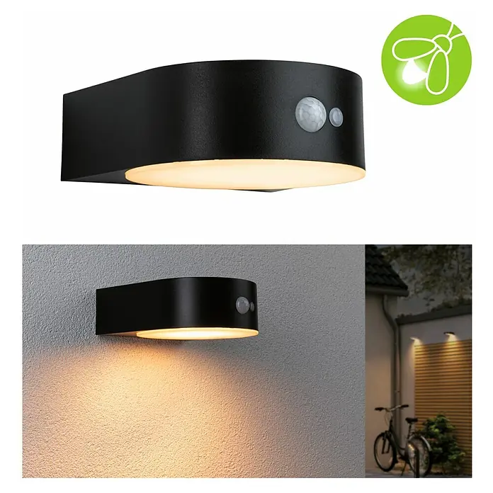 Paulmann Solar-Außenwandleuchte Eileen - Max. Systemleistung: 5,5 W, L x B x H: 19,8 x 17,5 x 6,5 cm, Schwarz, Lichtstrom: 300 lm - Moderne schwarze Wandleuchte mit Bewegungsmelder für den Außenbereich, ideal zur Beleuchtung von Wegen und Eingängen.
