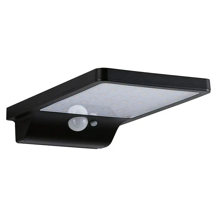 Paulmann Solar-Außenwandleuchte Solveig - Max. Systemleistung: 4,8 W, L x B x H: 17,3 x 10,5 x 2,9 cm, Schwarz, Lichtstrom: 338 lm - Nahaufnahme einer schwarzen Außenleuchte mit Bewegungsmelder und LED-Panel, die eine praktische und energieeffiziente Beleuchtung bietet.