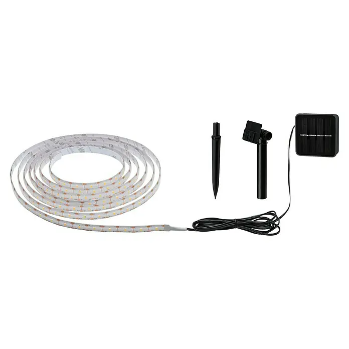 Paulmann LED-Band Outdoor Solar - Länge: 300 cm, Lichtfarbe: Warmweiß, 220 V - 240 V - Bild einer LED-Solarleuchte mit Band, Erdspieß und Solarpanel. Ideal zur Dekoration von Gärten und Außenbereichen.