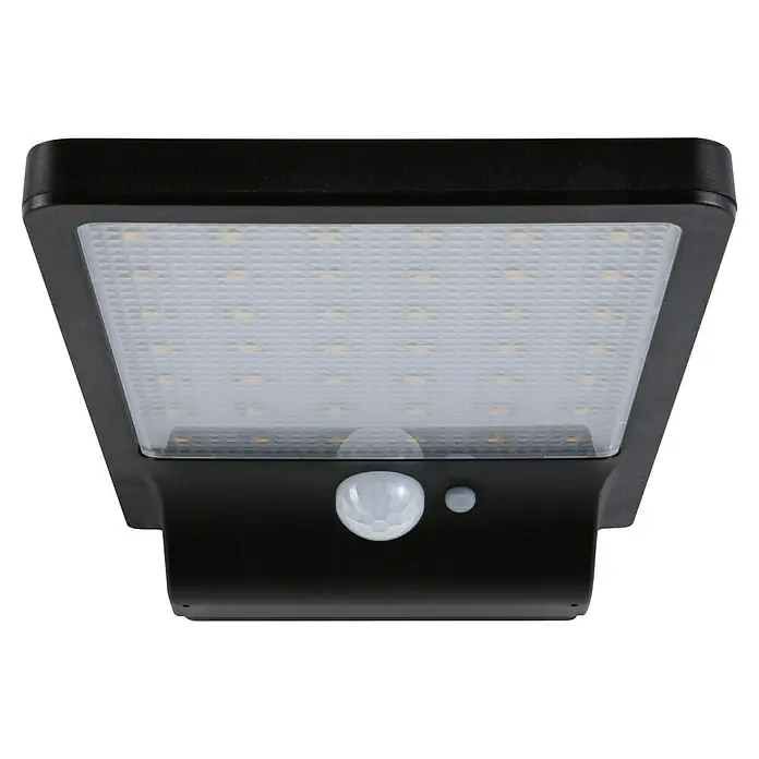 Paulmann Solar-Außenwandleuchte Solveig - Max. Systemleistung: 4,8 W, L x B x H: 17,3 x 10,5 x 2,9 cm, Schwarz, Lichtstrom: 338 lm - Nahaufnahme einer schwarzen Solarleuchte mit Bewegungsmelder und zahlreichen LEDs.