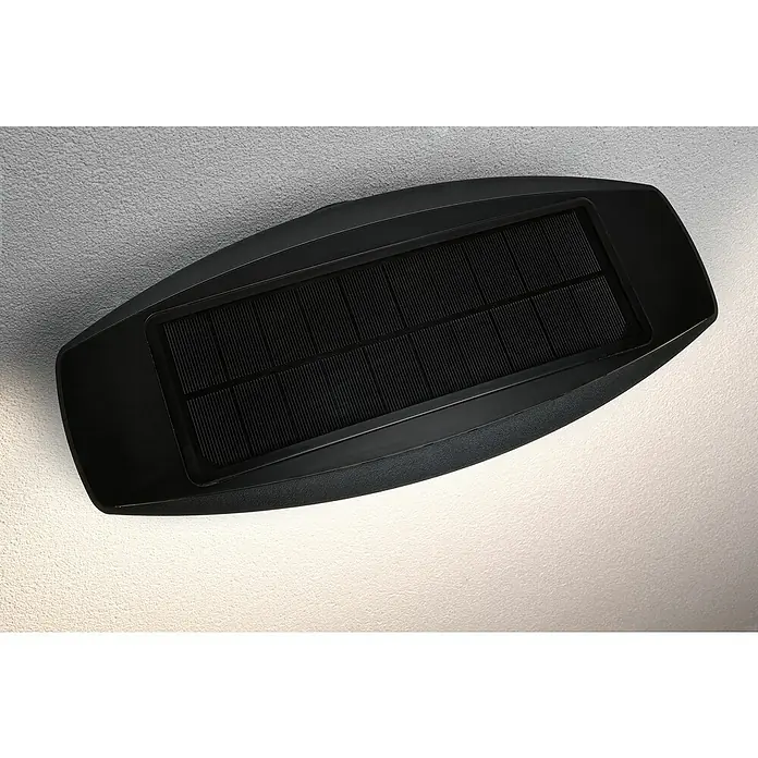 Paulmann Solar-Außenwandleuchte Kiran - 3 W, L x B x H: 16,8 x 30 x 6,5 cm, Anthrazit, IP44, 180 lm - Eine moderne, schwarze LED-Wandleuchte mit integriertem Solarpanel, ideal für die Außenbeleuchtung und energieeffiziente Beleuchtung.