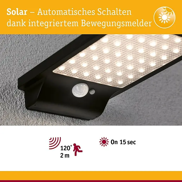 Paulmann Solar-Außenwandleuchte Solveig - Max. Systemleistung: 4,8 W, L x B x H: 17,3 x 10,5 x 2,9 cm, Schwarz, Lichtstrom: 338 lm - Solarleuchte mit Bewegungsmelder. Automatische Schaltung dank integriertem Bewegungsmelder. Erfassungsbereich 120° und 2 m Reichweite.