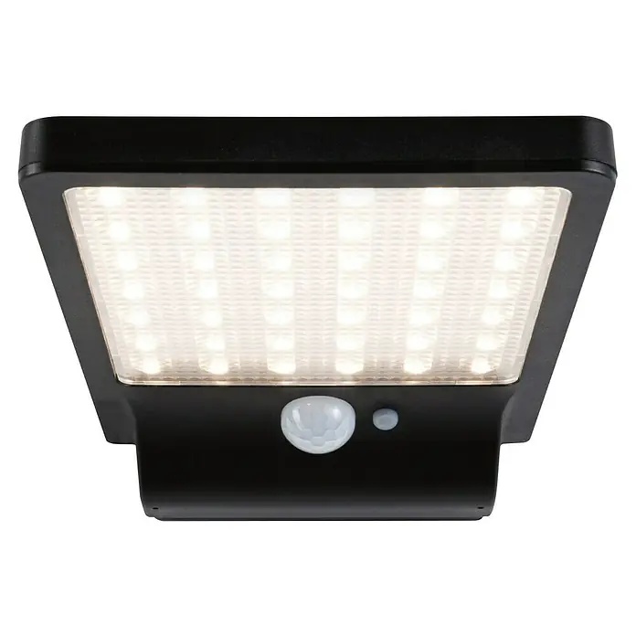 Paulmann Solar-Außenwandleuchte Solveig - Max. Systemleistung: 4,8 W, L x B x H: 17,3 x 10,5 x 2,9 cm, Schwarz, Lichtstrom: 338 lm - Nahaufnahme einer schwarzen LED-Solarleuchte mit Bewegungssensor, die hell leuchtet und ihre Funktionalität hervorhebt.