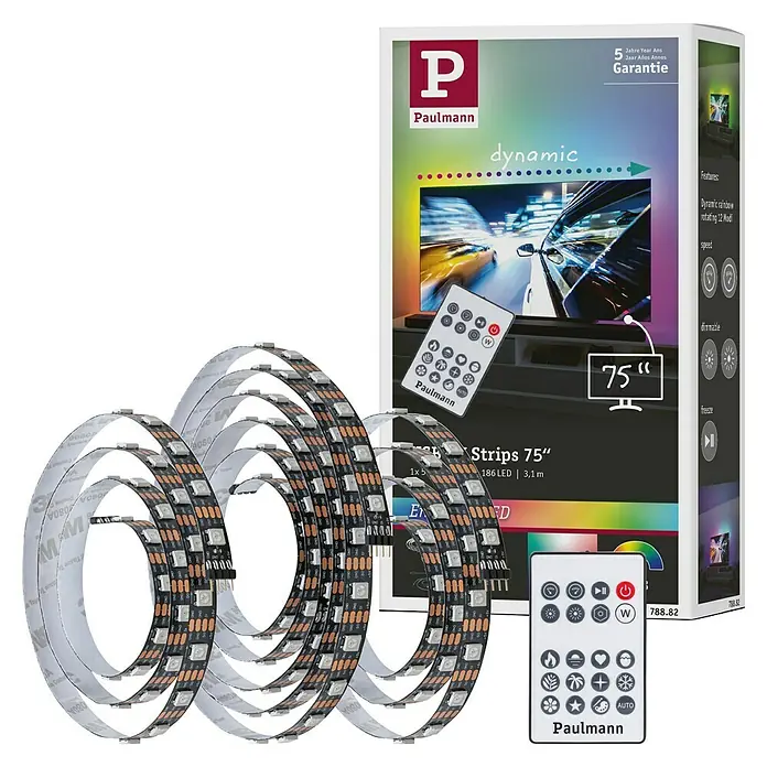 Paulmann LED-Band EntertainLED 75 Zoll - Länge: 310 cm, Lichtfarbe: RGB, 5 W - LED-Stripes "Dynamic" von Paulmann, 75 Zoll, mit Fernbedienung für dynamische Farbeffekte zur stimmungsvollen Beleuchtung.