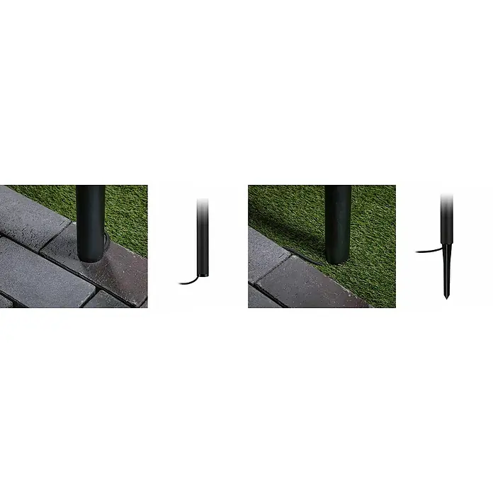 Paulmann Plug & Shine LED-Wegeleuchte Flarea - Schwarz, Höhe: 40 cm, Warmweiß - Nahaufnahme von schwarzem Gartenstrahler und Ziegelsteinen.