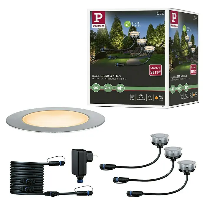 Paulmann Plug & Shine Basis-Set Floor Mini insektenfreundlich - Silber, IP67, Durchmesser: 6,3 cm - Abbildung eines Paulmann Plug & Shine LED Bodeneinbaustrahler-Sets, inklusive der Verpackung, Leuchte und Kabeln.