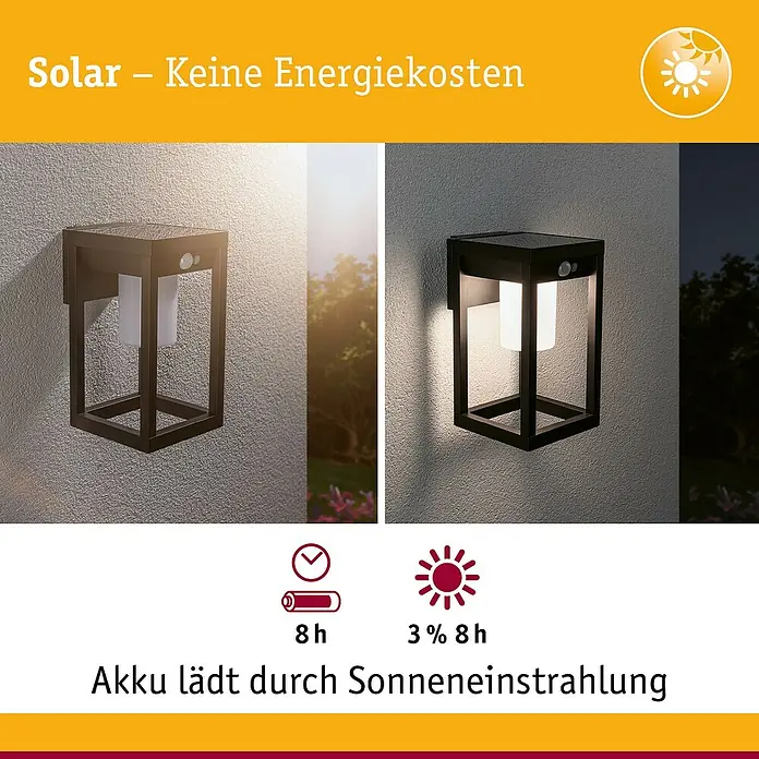 Paulmann Solar-Außenwandleuchte Marisol - Max. Systemleistung: 5,5 W, L x B x H: 18 x 15 x 27 cm, Schwarz, Lichtstrom: 350 lm - Solarleuchte für den Außenbereich, die sich tagsüber auflädt und nachts für stimmungsvolles Licht sorgt.