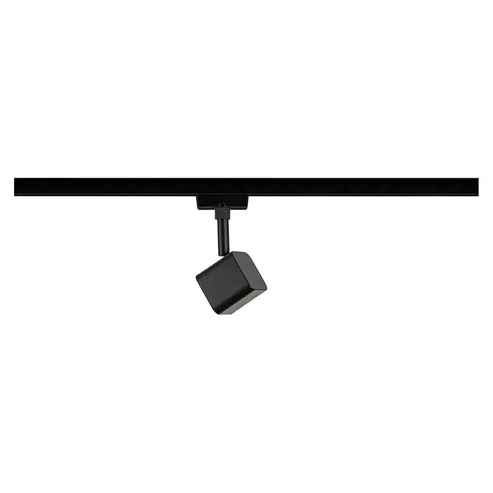 Paulmann URail LED-Spot Muri - Schwarz-matt, 5 x 5 x 14 cm - Das Bild zeigt eine schwarze LED-Deckenleuchte an einer schwarzen Schiene. Das Design ist modern und minimalistisch.