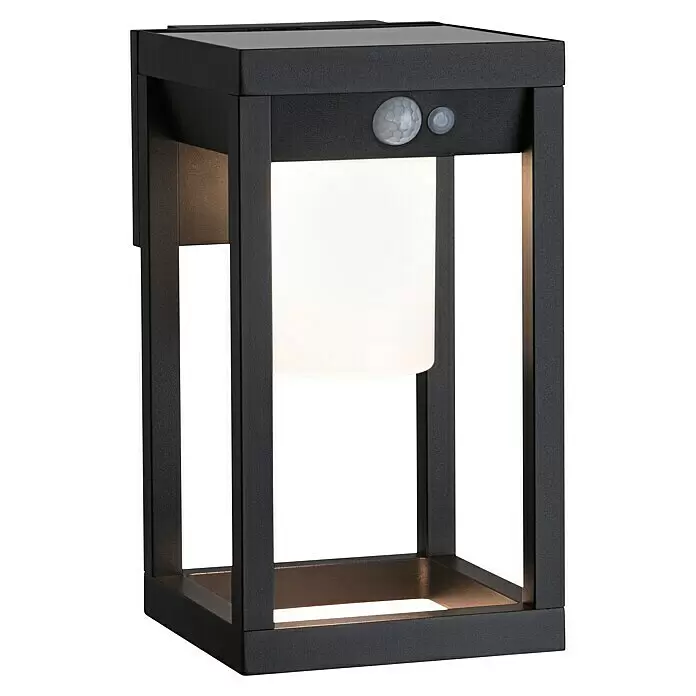Paulmann Solar-Außenwandleuchte Marisol - Max. Systemleistung: 5,5 W, L x B x H: 18 x 15 x 27 cm, Schwarz, Lichtstrom: 350 lm - Schwarze Solar-Außenleuchte mit weißem Diffusor, Bewegungs- und Lichtsensor und bronzefarbenem Sockel.