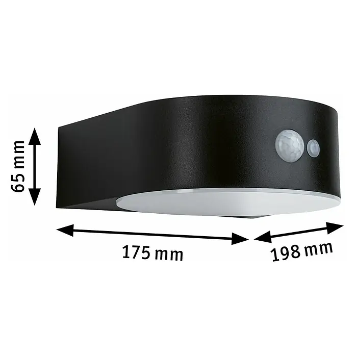 Paulmann Solar-Außenwandleuchte Eileen - Max. Systemleistung: 5,5 W, L x B x H: 19,8 x 17,5 x 6,5 cm, Schwarz, Lichtstrom: 300 lm - Abbildung einer schwarzen Wandleuchte mit Bewegungsmelder und den Maßen 65 mm Höhe, 175 mm und 198 mm Länge.