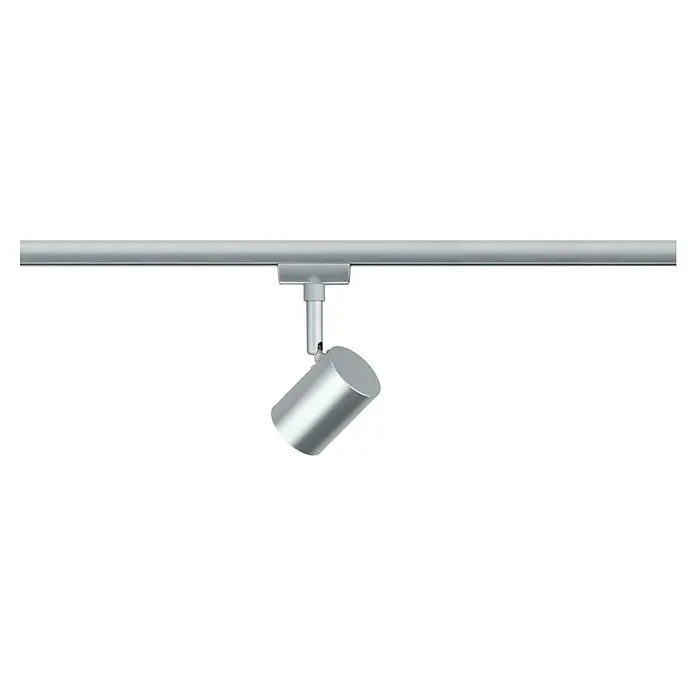 Paulmann URail LED-Spot Limba - Chrom-matt, 5 x 7 x 15 cm - Spotleuchte an einer Schiene. Das Licht ist auf einem schwarzen Hintergrund montiert.