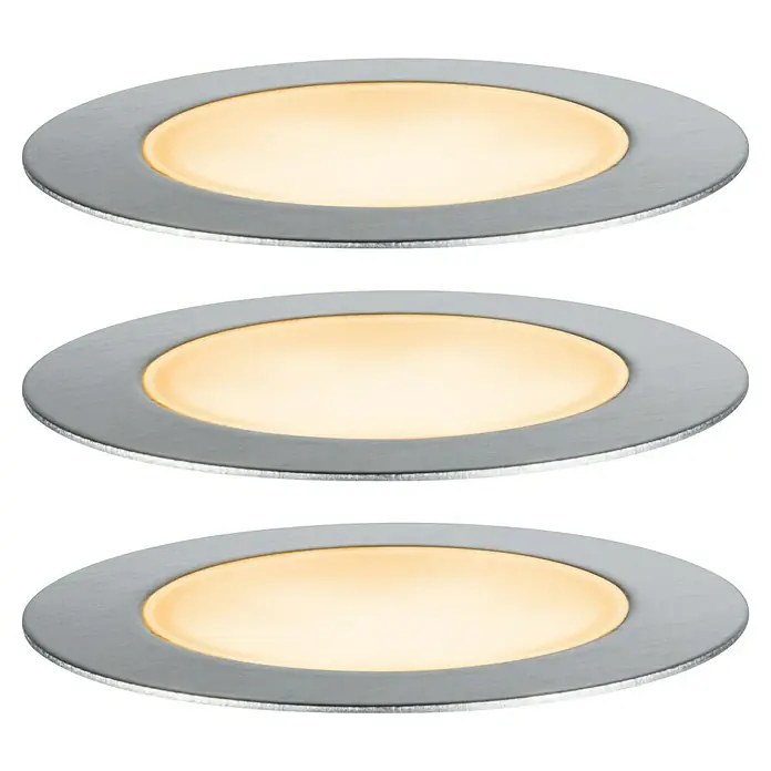 Paulmann Plug & Shine Set básico - Plateado, IP67, Diámetro: 6,3 cm - Tres luces LED redondas empotradas con carcasa de metal cepillado y luz blanca cálida sobre fondo negro. Ideal para iluminación ambiental.