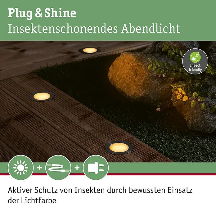 Paulmann Plug & Shine Basis-Set Floor Mini insektenfreundlich - Silber, IP67, Durchmesser: 6,3 cm - Das Bild zeigt "Plug & Shine" Insekten schonende Abendbeleuchtung, eine stilvolle und umweltfreundliche Lösung für den Außenbereich.