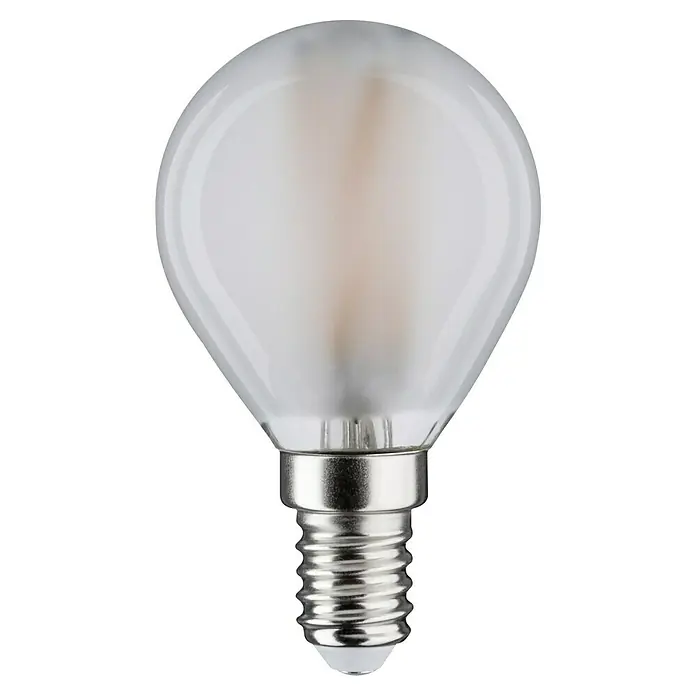 Paulmann LED-Lampe - E14, Dimmbar, Warmweiß, 470 lm, 5 W - Nahaufnahme einer matten LED-Lampe mit E14-Sockel, die warmes, stimmungsvolles Licht spendet und Energie spart.