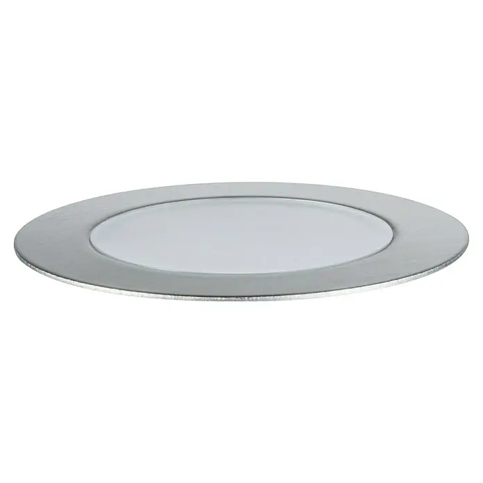 Paulmann Plug & Shine Bodeneinbauleuchte Floor Mini insektenfreundlich - 4,5 cm, Bernstein, IP67, Anthrazit - Nahaufnahme einer modernen, runden LED-Deckenleuchte mit silberfarbenem Rahmen und mattierter Lichtfläche für stilvolle Innenbeleuchtung.