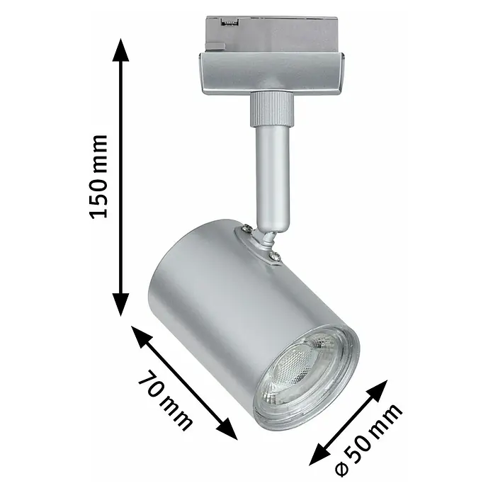 Paulmann URail LED-Spot Limba - Chrom-matt, 5 x 7 x 15 cm - Produktansicht: Silberner LED-Strahler mit Maßangaben (150 mm Höhe, 70 mm Länge, 50 mm Durchmesser) für detaillierte Produktinformationen.