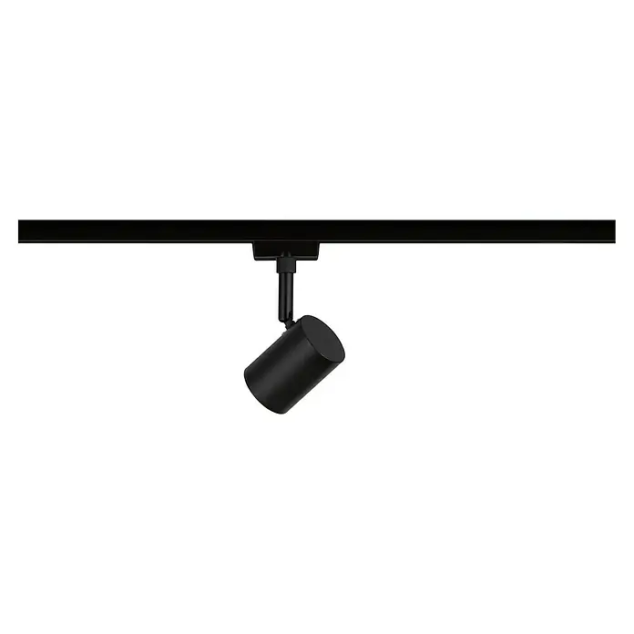 Paulmann URail LED-Spot Limba - Schwarz-matt, 5 x 7 x 15 cm - Schwarzer Schienenstrahler an einer schwarzen Schiene. Die Lampe ist zylinderförmig und nach unten gerichtet.\n