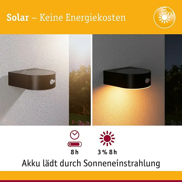 Paulmann Solar-Außenwandleuchte Eileen - Max. Systemleistung: 5,5 W, L x B x H: 19,8 x 17,5 x 6,5 cm, Schwarz, Lichtstrom: 300 lm - Solarleuchte: Keine Energiekosten, lädt durch Sonneneinstrahlung, ideal für Außenbereiche, mit Tag- und Nachtansicht.