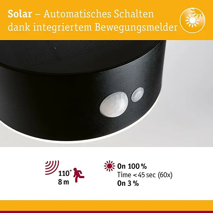 Paulmann Solar-Außenwandleuchte Eileen - Max. Systemleistung: 5,5 W, L x B x H: 19,8 x 17,5 x 6,5 cm, Schwarz, Lichtstrom: 300 lm - Nahaufnahme einer schwarzen Solarleuchte mit Bewegungsmelder.