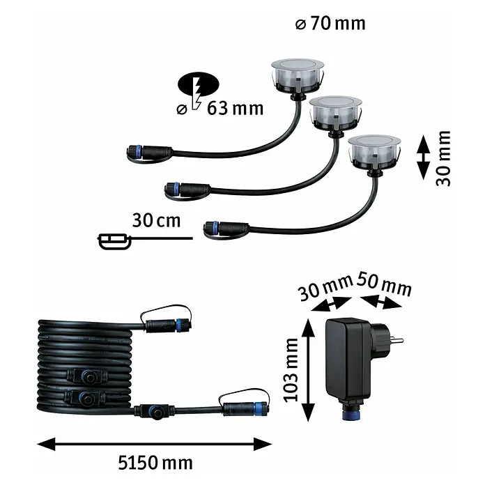 Paulmann Plug & Shine Basis-Set Floor Mini insektenfreundlich - Silber, IP67, Durchmesser: 6,3 cm - Abbildung eines LED-Bodeneinbaustrahler-Sets mit Maßangaben zu Durchmesser, Höhe und Kabellänge für Installationsdetails.