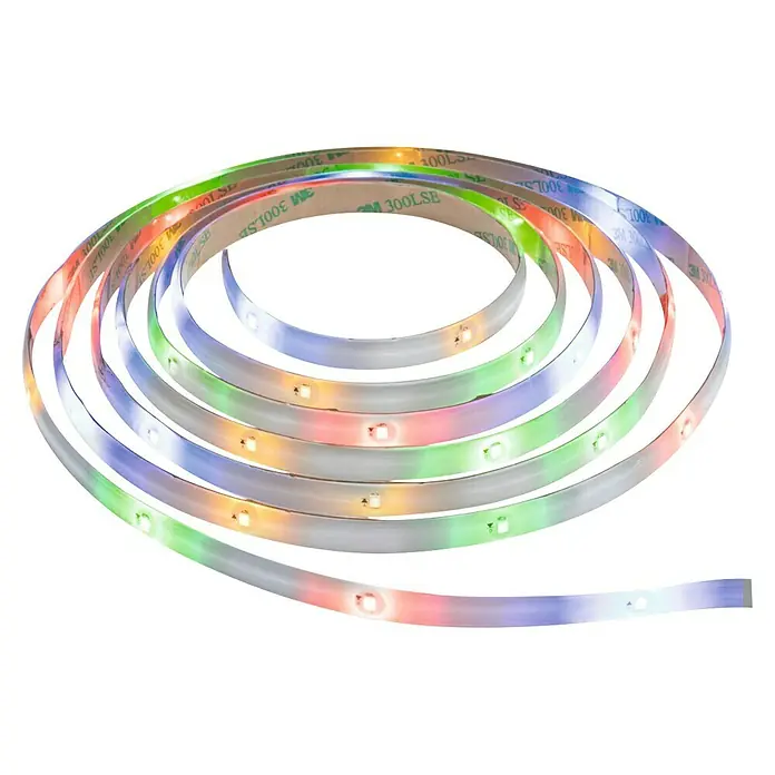 Paulmann LED-Band Outdoor Solar - Länge: 300 cm, Lichtfarbe: RGB, 220 V - 240 V - Nahaufnahme einer gewundenen LED-Lichterkette mit 3M-Klebeband auf der Rückseite, die ein stimmungsvolles, farbenfrohes Licht erzeugt.