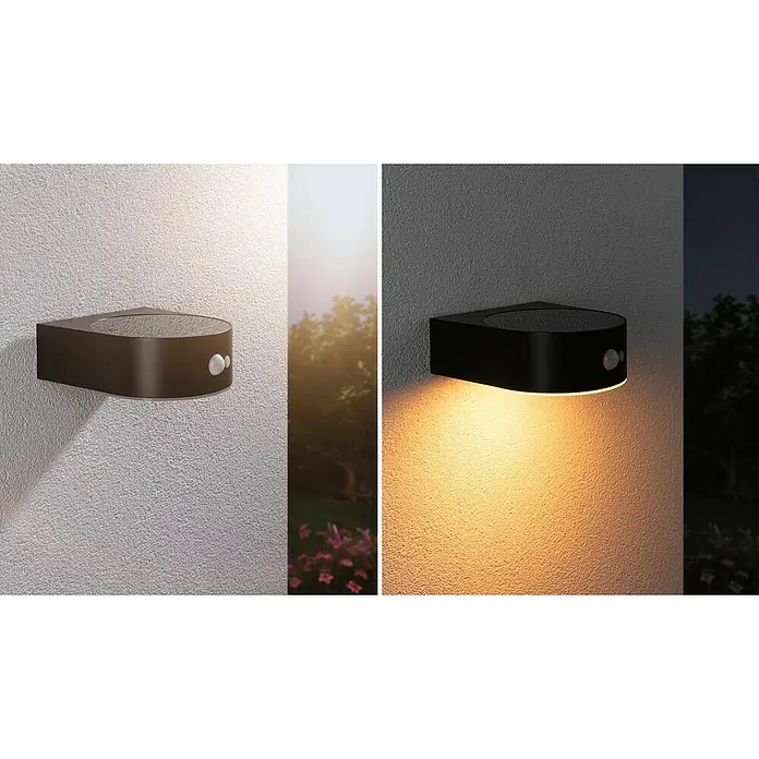 Paulmann Solar-Außenwandleuchte Eileen - Max. Systemleistung: 5,5 W, L x B x H: 19,8 x 17,5 x 6,5 cm, Schwarz, Lichtstrom: 300 lm - Eine moderne Wandleuchte mit Bewegungssensor, die sowohl bei Tag als auch bei Nacht eine elegante Beleuchtung bietet.