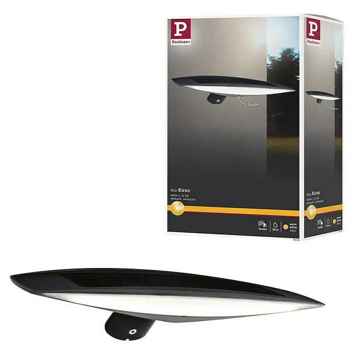 Paulmann Solar-Außenwandleuchte Kiran - 3 W, L x B x H: 16,8 x 30 x 6,5 cm, Anthrazit, IP44, 180 lm - Produktbild einer Paulmann Solar Kiran Außenleuchte in Anthrazit, die durch ihr modernes Design und ihre Solarfunktion überzeugt.