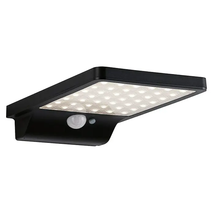 Paulmann Solar-Außenwandleuchte Solveig - Max. Systemleistung: 4,8 W, L x B x H: 17,3 x 10,5 x 2,9 cm, Schwarz, Lichtstrom: 338 lm - Das Bild zeigt eine rechteckige LED-Solarleuchte mit Bewegungssensor in Schwarz, ideal für den Außenbereich zur Beleuchtung von Wegen und Eingängen.