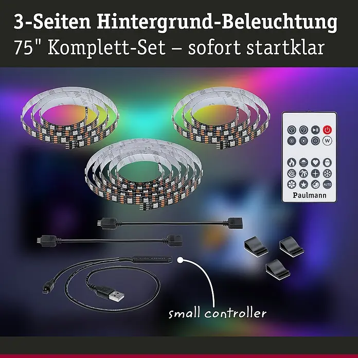 Paulmann LED-Band EntertainLED 75 Zoll - Länge: 310 cm, Lichtfarbe: RGB, 5 W - Produktfoto eines 75-Zoll-Hintergrundbeleuchtungs-Komplettsets mit LED-Streifen, USB-Controller und Fernbedienung.
