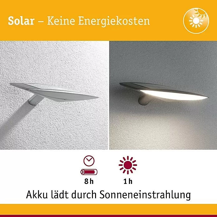 Paulmann Solar-Außenwandleuchte Kiran - 3 W, L x B x H: 16,8 x 30 x 6,5 cm, Anthrazit, IP44, 180 lm - Moderne silberne Solar-LED-Wandleuchte, unbeleuchtet und leuchtend an einer Wand.