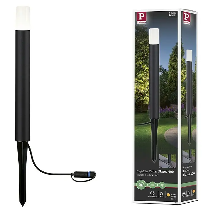 Paulmann Plug & Shine LED-Wegeleuchte Flarea - Schwarz, Höhe: 40 cm, Warmweiß - Ein Paulmann Plug & Shine Poller Flarea 400 Gartenstrahler mit Erdspieß und 270 Lumen Lichtstärke neben seiner Verpackung.