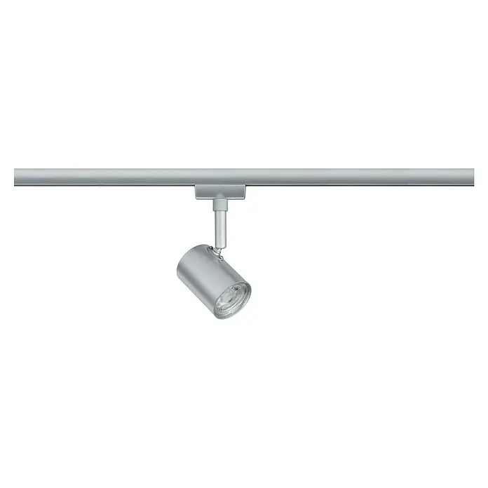 Paulmann URail LED-Spot Limba - Chrom-matt, 5 x 7 x 15 cm - Silberne Schienenleuchte mit einem zylindrischen Strahler. Das Licht ist an einer horizontalen Schiene befestigt.