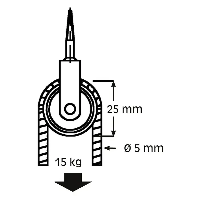 HBS Betz Seilrolle - Typ: Vogelseilrolle, Stahl, Traglast: 15 kg, Durchmesser: 25 mm, 2 Stk. - Schematische Darstellung einer Seilrolle mit den Maßen 25 mm Höhe und 5 mm Seildurchmesser, belastet mit 15 kg.