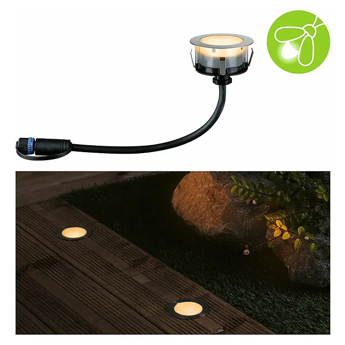 Paulmann Plug & Shine Bodeneinbauleuchte Floor Mini insektenfreundlich - 4,5 cm, Bernstein, IP67, Anthrazit - Bodeneinbaustrahler für den Außenbereich. Das Produkt ist mit einem Kabel und einem Stecker versehen und wird auf einer Holzterrasse installiert.