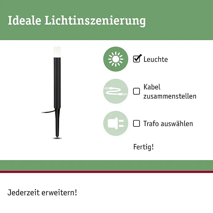Paulmann Plug & Shine LED-Wegeleuchte Flarea - Schwarz, Höhe: 40 cm, Warmweiß - Ein Lichtmast-Produktbild, das einen Beleuchtungspfad mit den Schritten zur Kabelmontage und Trafoauswahl für eine ideale Beleuchtung zeigt.