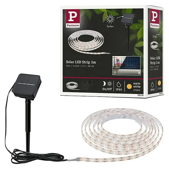 Paulmann LED-Band Outdoor Solar - Länge: 300 cm, Lichtfarbe: Warmweiß, 220 V - 240 V - Das Bild zeigt eine Paulmann Solar LED Strip 3m, mit Solarmodul und warmweißem Licht, ideal für den Außenbereich.